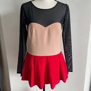 Zayan Sheer Black/Nude/Red Color block Pearl Trim Blouse